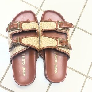 Anne Klein Brown and Natural Woven Double Buckle Slide Sandals